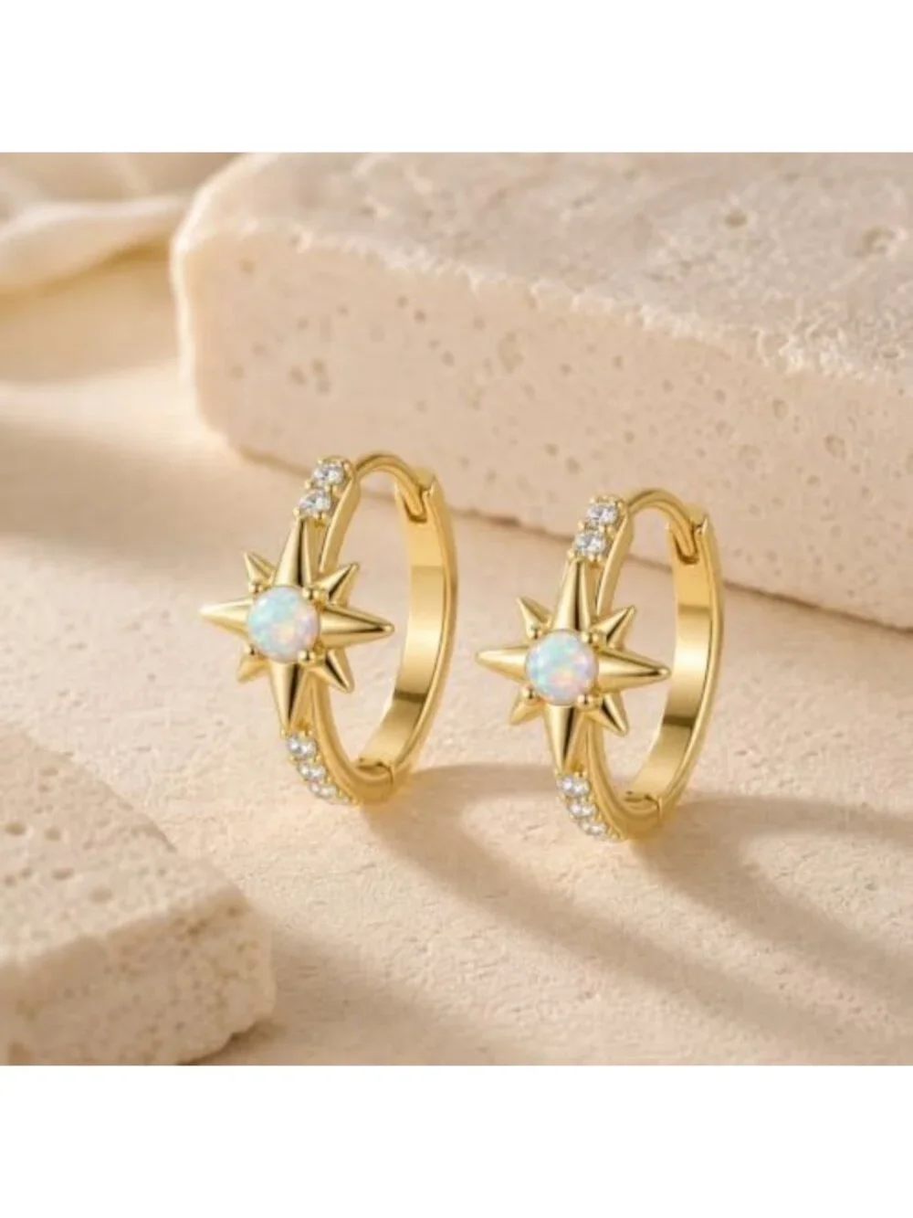 14K Gold Opal Starburst Huggie Hoop Earrings - Celestial Jewelry Gift for Her